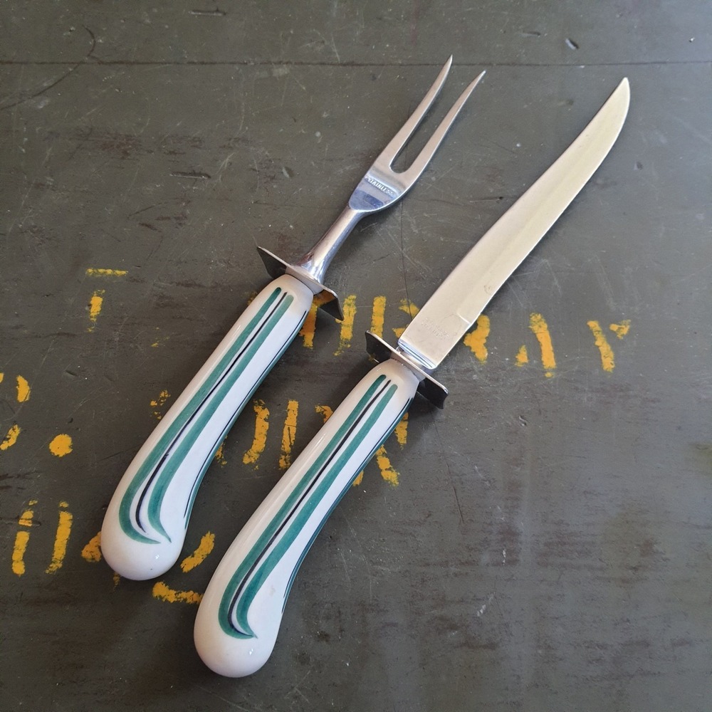 Clement Company Northampton Massachusetts Stainless Steel Carving Set Ceramic